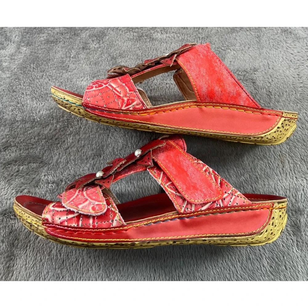 Spring Step L'artiste Karina Sandals 37/7 Red Leather Floral Embellished Artsy